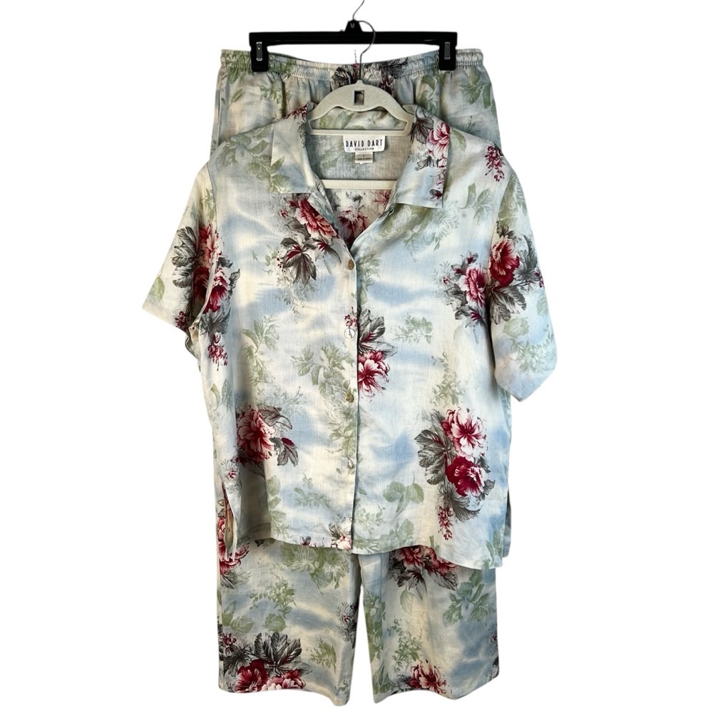 Vintage David Dart 100% Linen Floral Tropical Resortwear Pant Set Large - Picture 4 of 16